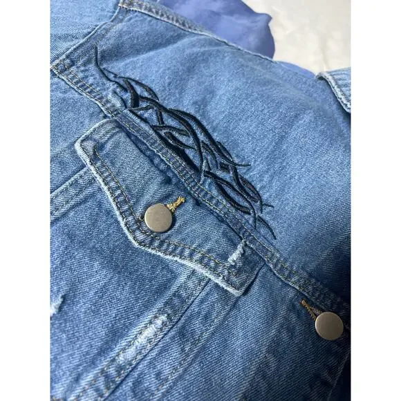 209 Current Mood Cropped Distressed Denim Jacket Graphic Blue Women’s 3X - Picture 10 of 10